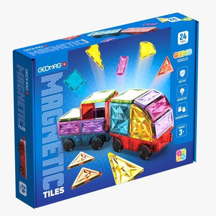 Tuiles magnétiques GEOMAG Tiles Gems Vehicles 24 pièces Effet cristal Dès
