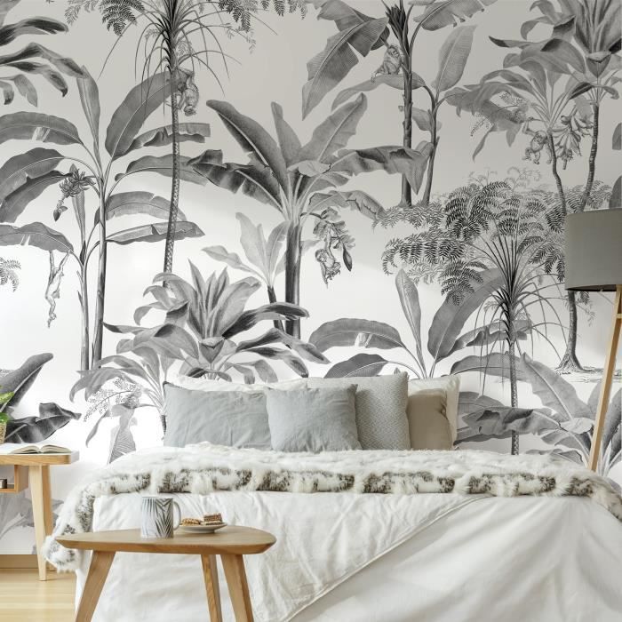 Papier peint panoramique intissé Palmiers Milou 300 x 280cm Noir, Blanc