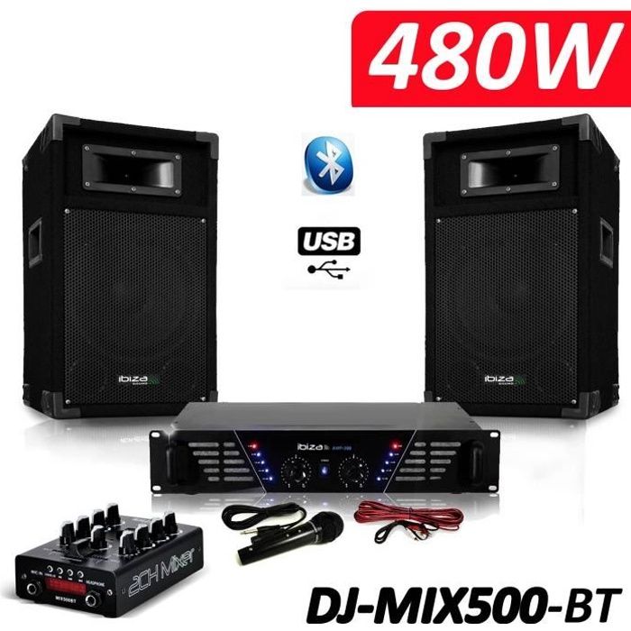 Pack Sono complet DJ-MIX500-BT ampli + enceintes 500W + Table de mixage USB Bluetooth Micro + Câbles
