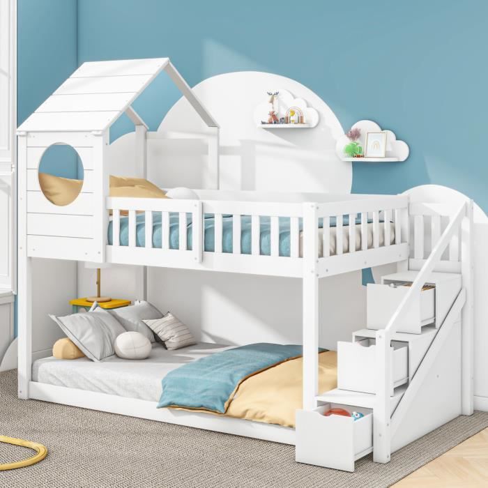 Lit Superposé Bois Avec Escalier Rangement | 90x200 Cm, 2 Tiroirs, Sécurisé, Sans Matelas (blanc) - 7