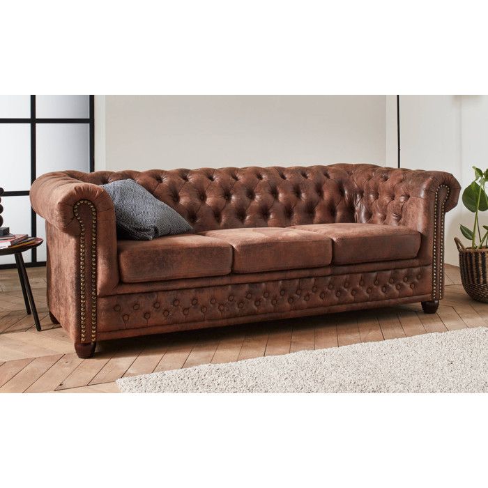 Canapé Chesterfield 3 Places En Simili Cuir - Marron, Design British, Dimensions 204x80x58 Cm, Pieds En Bois - Style Vintage Capitonné