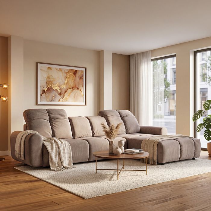 Canapé convertible angle droit Anacapri en velours gris clair - 3 places Canapé convertible angle droit Anacapri en velours gris clair - 3 places