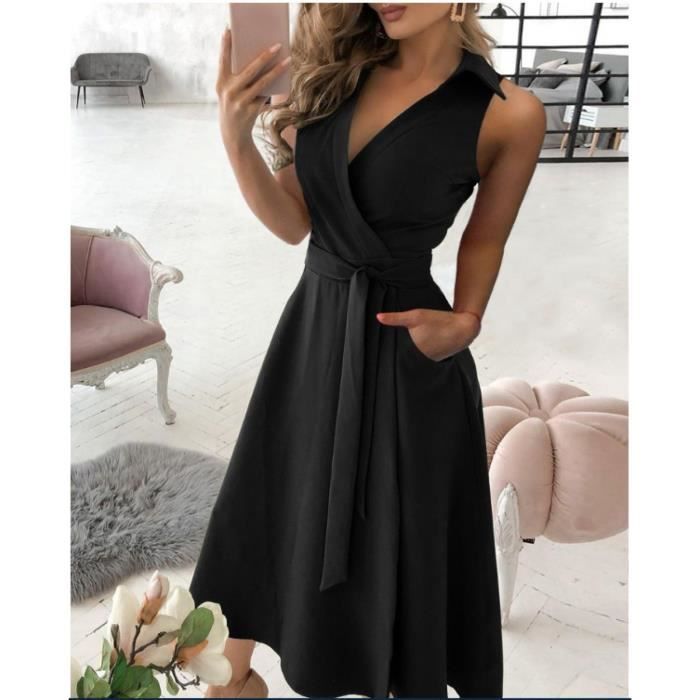 Robe Longue Femme Mode Col En V Sans Manches Robe Couleur Unie