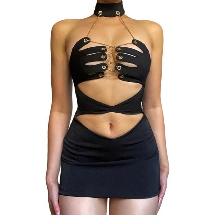 DPois Mini Robe Cocktail Sexy Femme Club Libertin Sans Manches Robe de Nuit Moulante Ete Clubbing Party Bal Bodysuit Clubwear S L Noir Cdiscount Pret a Porter