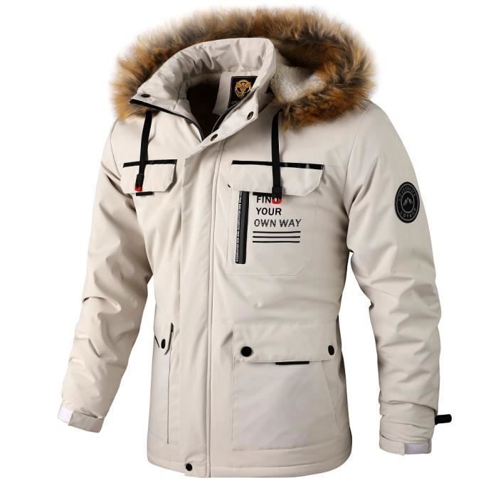 Parka Homme Mi long Capuche fausse fourrure amovible Casual Chaud Epais Hiver Couleur unie Beige