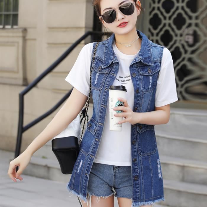 Trou femmes sans manches veste printemps Slim Long Denim gilet