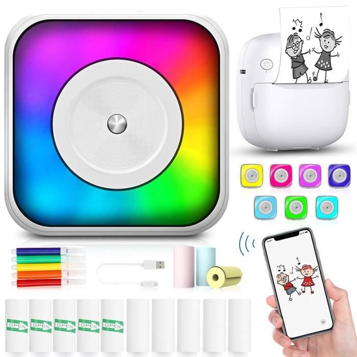 Imprimante Photo Portable, Mini Bluetooth Imprimante Thermique Sans Fil avec Lumières Colorées LED, 13 Rouleaux de Papier
