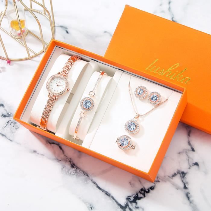 Coffret montre femme + bracelet diamant + anneau + des boucles d'oreilles + collier - cadeau d'anniversaire de luxe