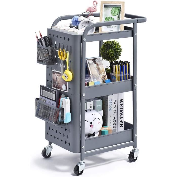Kingrack Desserte à Roulettes 3 Niveaux - Chariot Utilitaire Avec Panneau Perforé, Crochets Et Paniers, Blanc