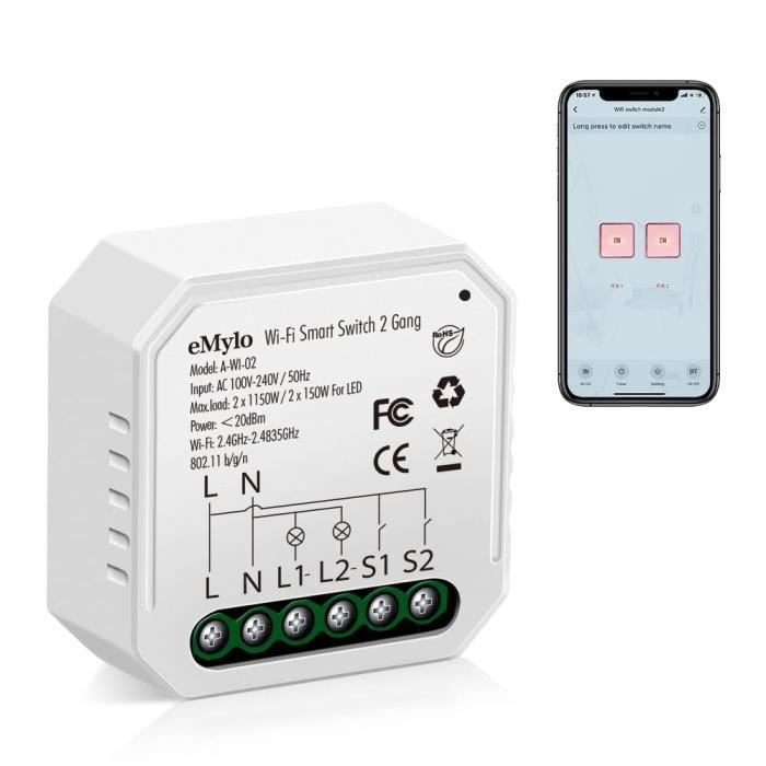 EMylo Smart WiFi Switch Mini Relais De Lumière Sans Fil Switch AC 220V Smart Life App Télécommande Timers Pour Domotique Compatible Avec Alexa Echo Accueil Google IFTTT, Support IOS Android 1 Paquet
