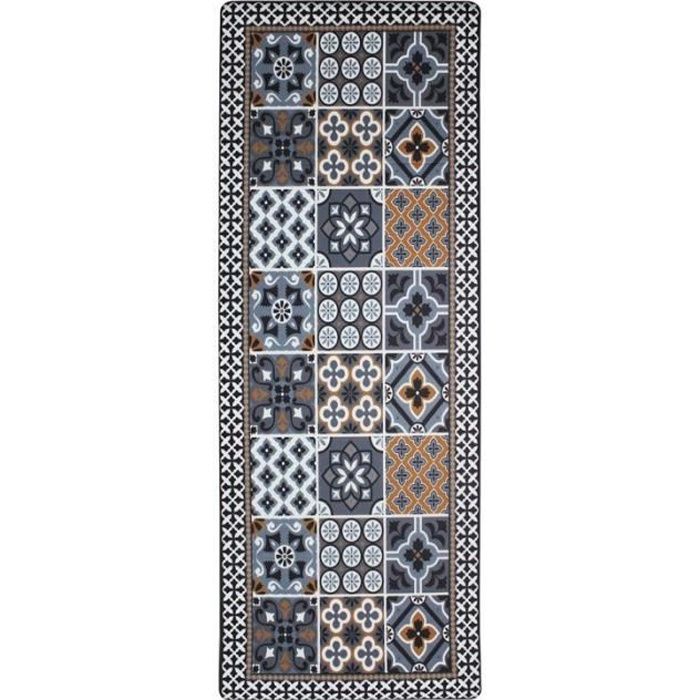 AZULEJOS VINYLE - Tapis de cuisine carreaux de ciment bleu foncé 45x120