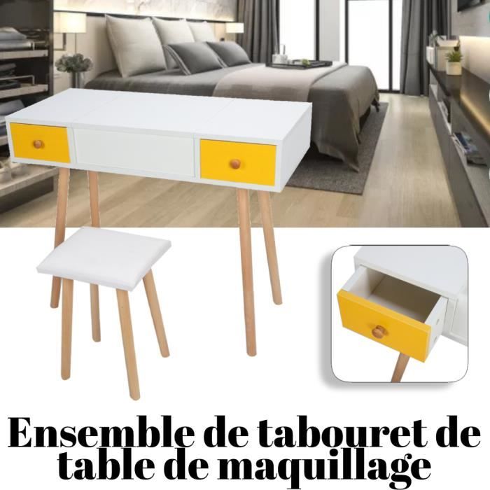 Petite Coiffeuse En Bois Avec Miroir Rabattable Et Plateau En Verre Transparent, Table De Chevet Pour Chambre à Coucher Avec Tiroirs De Rangement