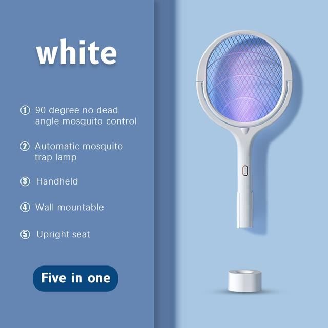 Raquette Anti-Moustiques Électrique Buezzap 4000V - Rechargeable USB-C 1500mAh, Lampe UV Rotative 2 En 1, Piège à Mouches Puissant, Blanche