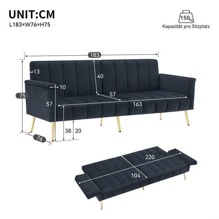 Canapé 3 Places Convertible Et Pliable - Structure Métallique Robuste - Velours Côtelé Noir - Avec Poches Latérales Et 3 Coussins - Charge 300 Kg - 8