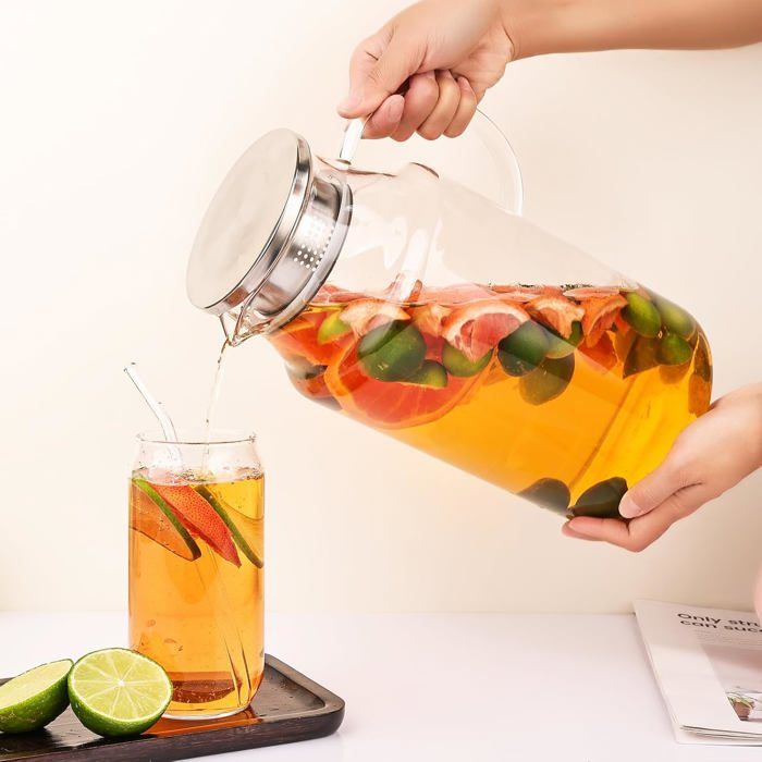 Pichet Plastique 2L Avec Couvercle Et Poignée | Carafe Jus, Lait, Eau, Thé Glacé | Pour Réfrigérateur, Pique-nique