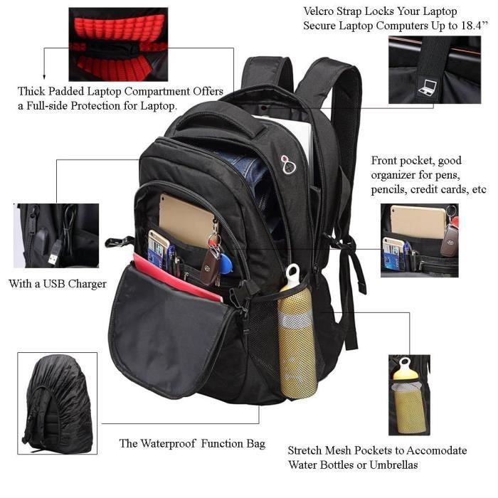 Sac à Dos Ordinateur Portable 18,4 50L Housse Imperméable Laptop Backpack  Rucksack Anti-choc Unisexe Femme Homme