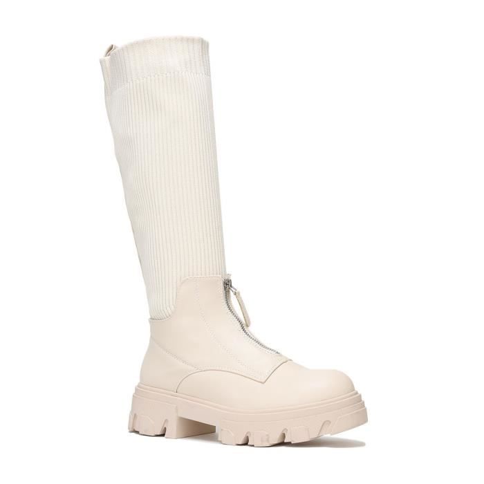 Bottes chaussettes beiges LA MODEUSE Zip devant Talon crant