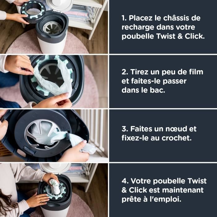 Poubelle à couches blanc + 6 recharges Twist & Click TOMMEE TIPPEE :  poubelle + 6 recharges à Prix Carrefour