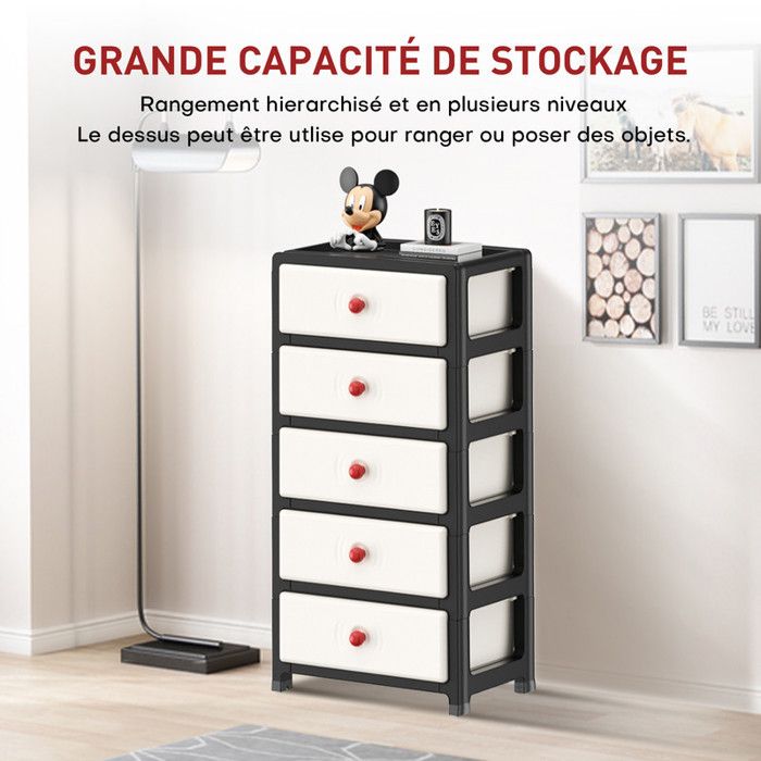 Meuble de rangement en plastique à 5 étages avec 4 roues