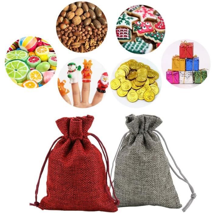 Calendrier Réutilisable Ambiance Festive Calendrier De L'Avent à Remplir - 24 Sachets Toile De Jute Avec Pinces, Guirlande Lumineuse, Ficelle, Rouge/Gris/ Kaki Cadeau Surprise Noël Remplissable