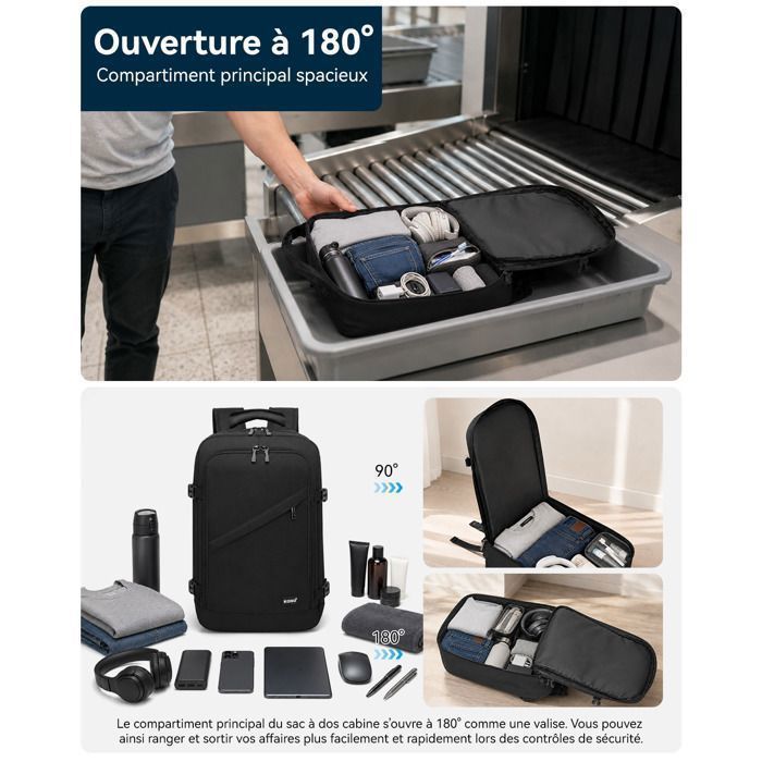 Sac à Dos Cabine 40x20x25 Ryanair - Bagage à Main Avion Imperméable Ordinateur Voyage Femme Homme