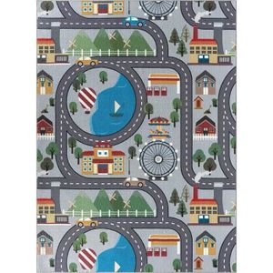 TAPIS the carpet Happy Life - Tapis de jeu pour chambre d'enfant avec rues, villes et voitures, lavable, gris, 240 x 340 cm