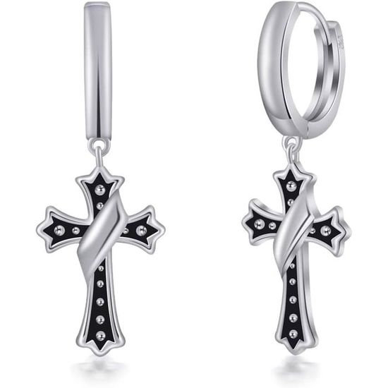 Boucles D'oreilles Créoles Croix En Argent Sterling 925 - Modèle "3 Clous" - Cadeau Chrétien Pour Homme Ou Femme - Hypoallergénique, Avec Coffret