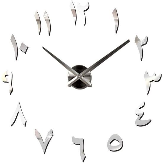 3D Arabe Horloge Murale muette DIY Acryliques Horloges Murales Stickers pour la Maison Salon Bureau à Domicile Argenté 566
