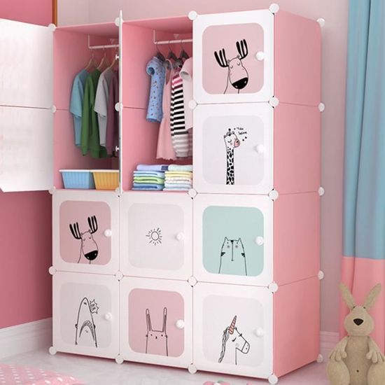 Armoire Chambre Meuble Rangement Enfant- 12 Porte 2 Penderie- Armoire Plastique Cartoon- 111x47x147cm- Rose