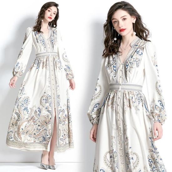 Robe longue élégante à manches bouffantes et imprimé