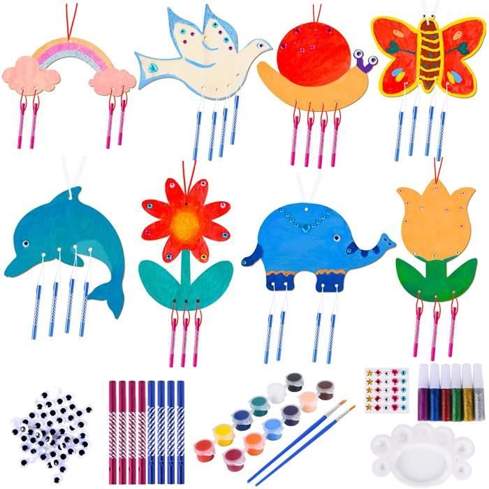 Kit De 4 Carillons à Vent à Colorier Pour Enfants - Formes Dinosaure, Lion, Ours - Activité Manuelle Développement Motricité - Décoration Intérieure/extérieure