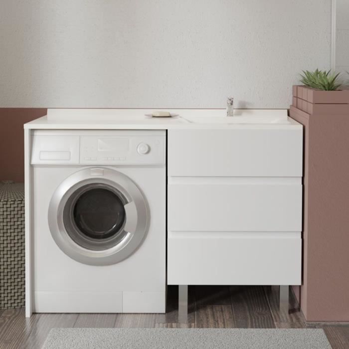 Caisson KORA LL 124 cm vasque déportée à droite - Blanc brillant (sans miroir)