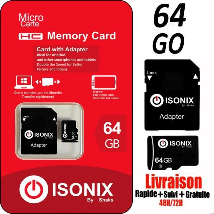 ISONIX Carte Mémoire Micro Carte SD 64 go Formate SDHC/SDXC + Adaptateur 100% Réel Class 10