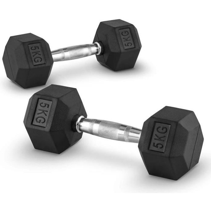 CAPITAL SPORTS Hexbell - Paire d'haltères courts pour musculation, cross-training… (caoutchouc résistant , prise chromée) - 2x 5kg