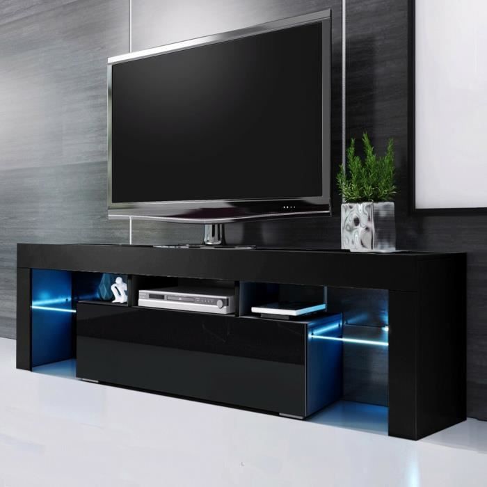 Dripex Meuble TV Moderne avec Led-Meuble TV de Salon-Tablette en verre-Noir-130cm x 35cm x 45cm