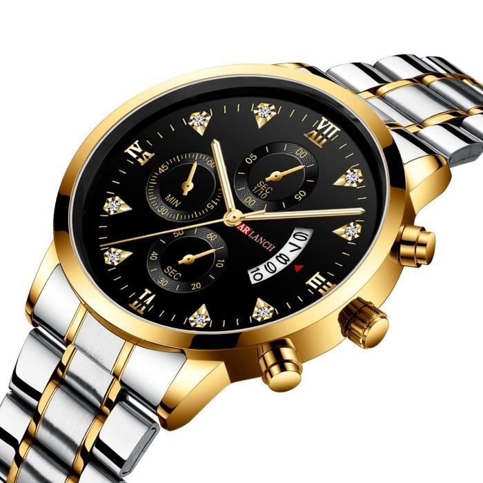 Coffret Cadeau Montre Homme FESTIVUS , Quartz - Etanche , Doré Inoxydable Bande Acier , Cadran Noir , Boîtier en Doré