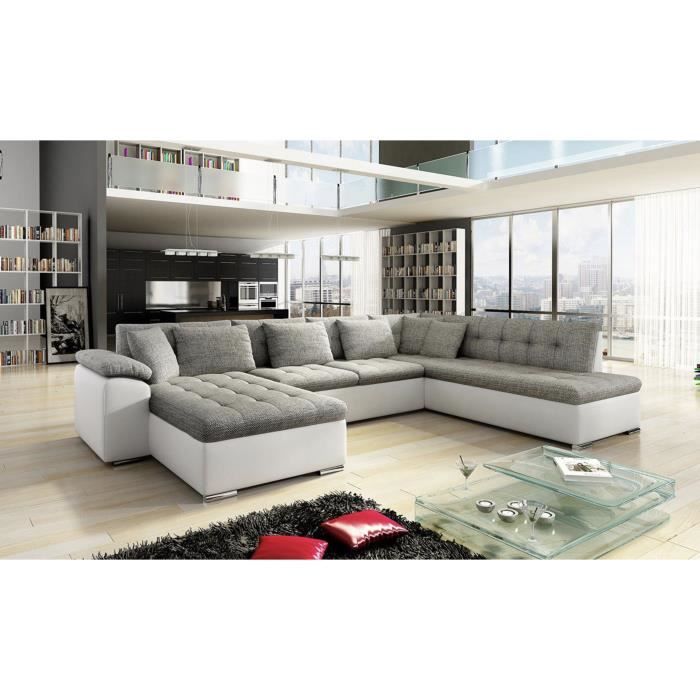 Canapé Angle panoramique Convertible LIRO Gris-Beige et Blanc. Tissu et Simili Cuir