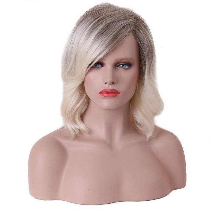 12-Blonde Courte Bobo Bouclés Partie Perruque Perruques Naturelles Perruques Ondulées pour Les Femmes Cosplay Costu#7846