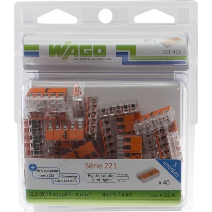 WAGO Pack de 40 Bornes de connexion universelle tous conducteurs - Type 221/ 5 entrées