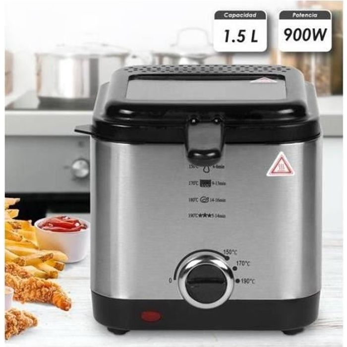 Friteuse éléctrique 1,5 litres 900W Inox 150ºC - 190ºC antiadhésif Classe de protection 1