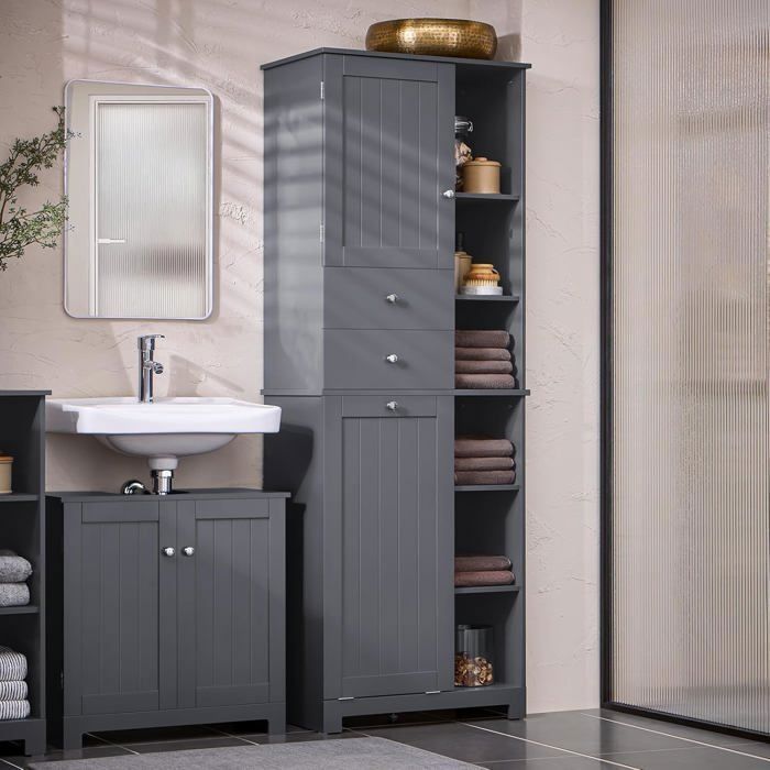 SoBuy Colonne Salle de Bain avec 2 Portes 2 Tiroirs 6 Étagères et Panier à Linge Grand Rangement 60x37x170cm BZR104-DG