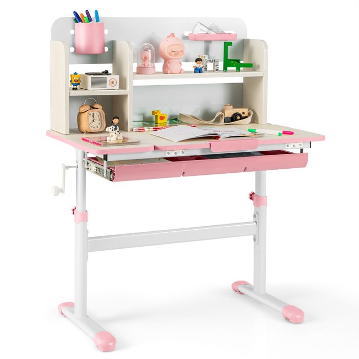 COSTWAY Bureau d’Étude pour Enfants 3 à 12 Ans Hauteur Réglable Plateau Inclinable Étagère de Rangement Tiroir Porte-stylo Rose