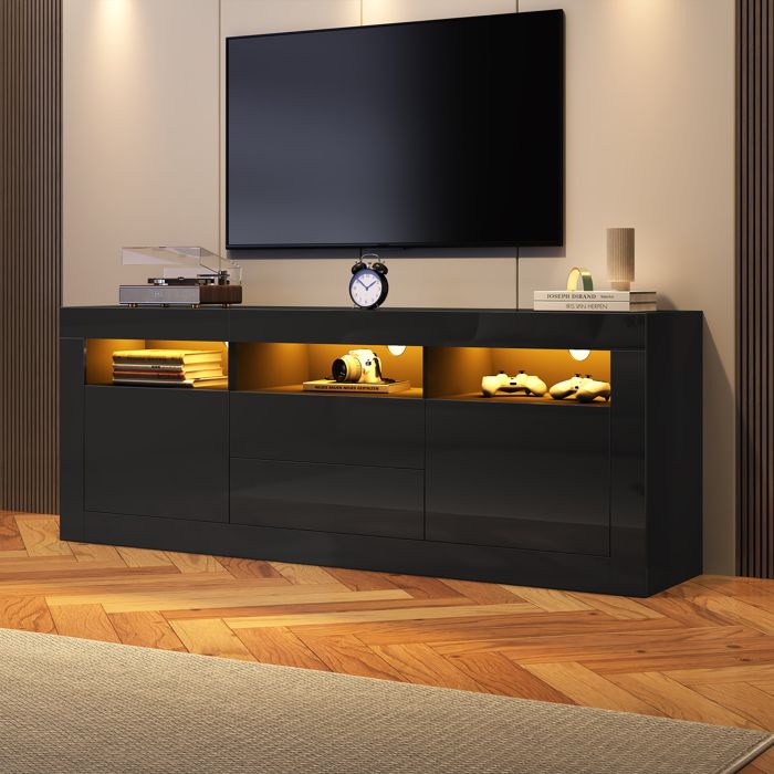 Meuble TV Noir Haut Brillant avec Eclairage LED 2 Portes 2 Tiroirs Compartiments Armoire TV 160cm