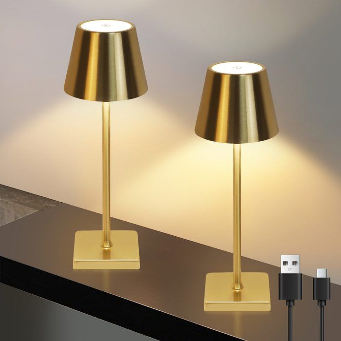 Lampe de table LED - NETTLIFE - Sans fil tactile - Intensité variable - 3 températures - Dorée (lot de 2)