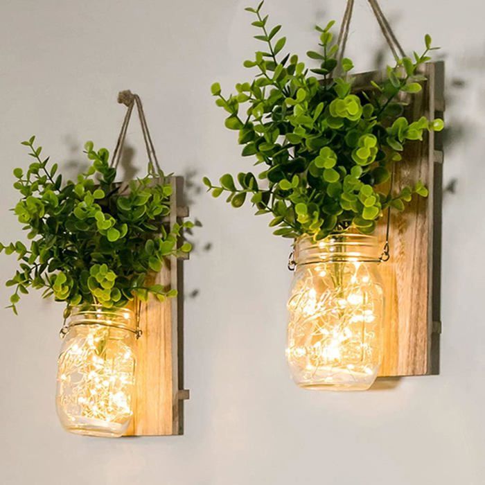 Appliques Murales Rustiques Fausses Plantes Vertes Suspendues Mason Jar Mur Lumière avec LED Bandes fonctionnant pourdécoration