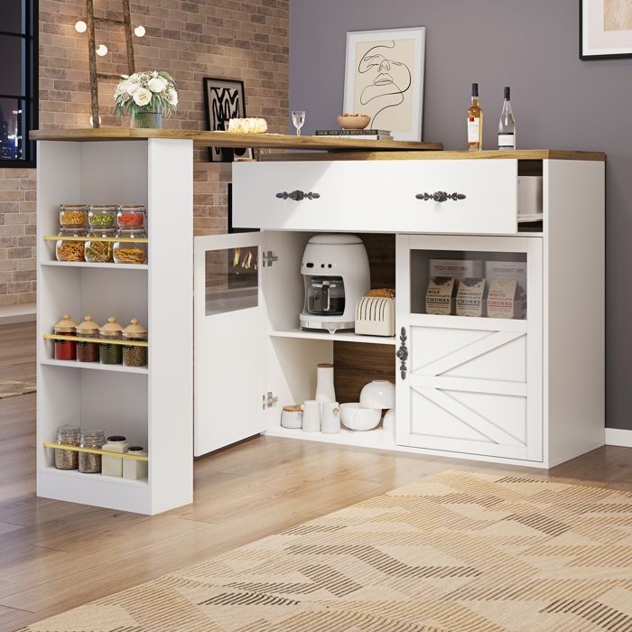 Table de Bar Extensible avec Espace de Rangement - 138-204x39x104 cm - Table à Manger pivotante à 360° avec étagères - Blanc
