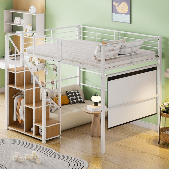 Lit mezzanine avec échelle de sécurité 140*200 lit bébé avec cadre en fer et espace de rangement lit jeune Blanc