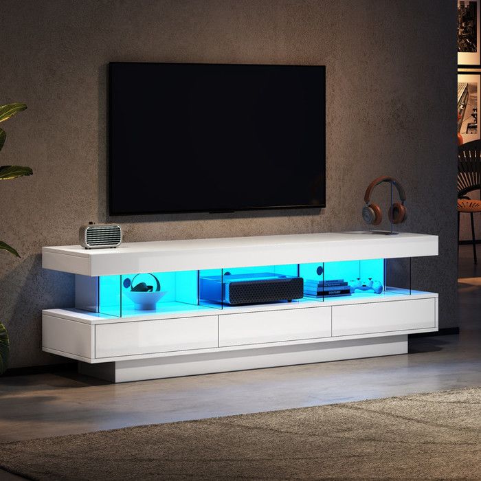 Meuble TV Haute Brillanc avec 3 Compartiments en Verre éclairage LED Contrôle Par App Connexion Bluetooth 160x38x50.5 Blanc