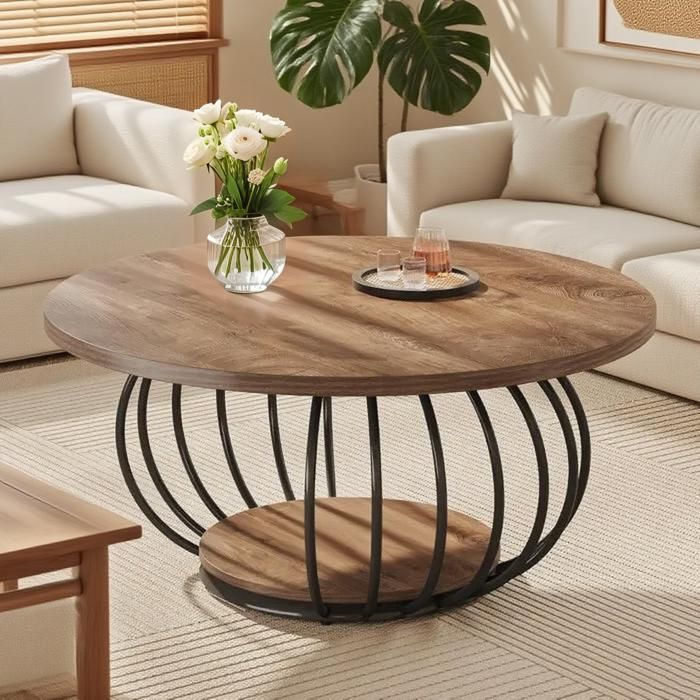 Table Basse ronde en bois - 100 x 46cm - Table dAppoint avec base en métal élégante - pour Salon - Marron/Noir