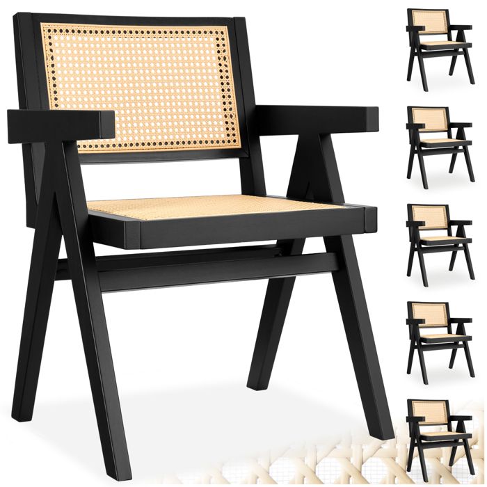 Chaise - TECTAKE - Lot de 6 fauteuils LISSY style boho cannage viennois en bois et accoudoirs 59 5 x 56 5 x 82 5 cm - Noir Chaise - TECTAKE - Lot de 6 fauteuils LISSY style boho cannage viennois en bois et accoudoirs 59 5 x 56 5 x 82 5 cm - Noir
